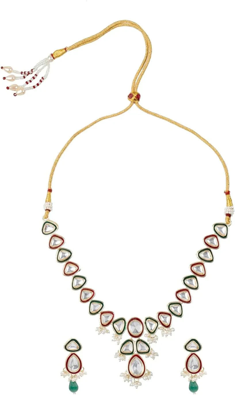 Bodha Gold Plated Traditional Indian Pure Copper Kundan, Pearls and CZ studded Adjustable Dori Necklace Earrings Set For Women