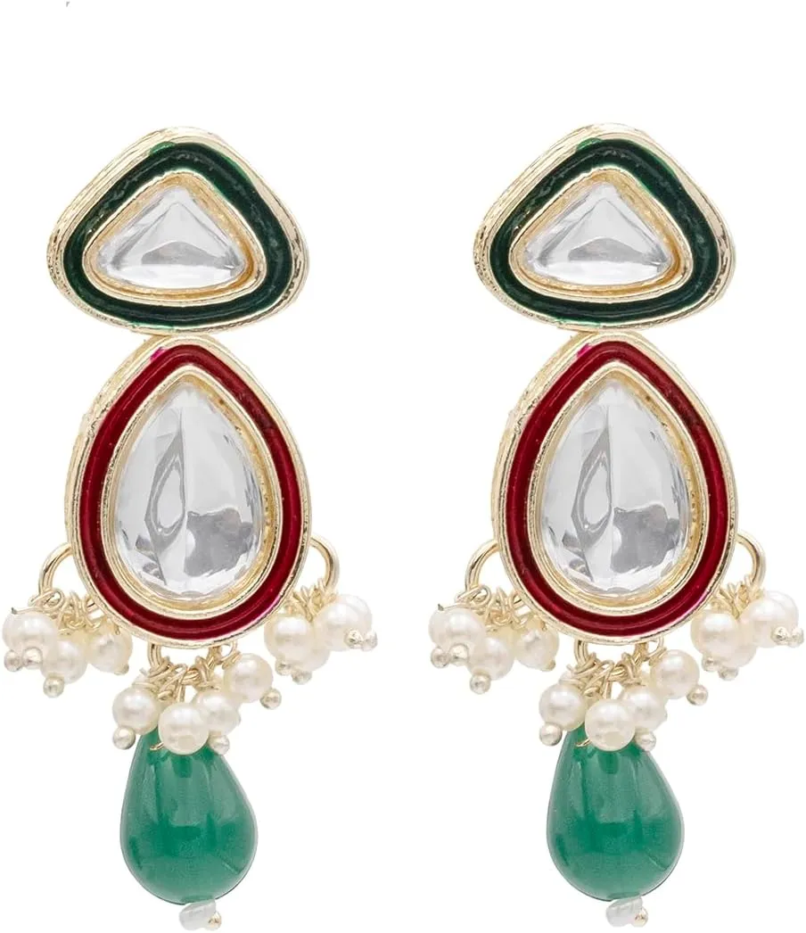 Bodha Gold Plated Traditional Indian Pure Copper Kundan, Pearls and CZ studded Adjustable Dori Necklace Earrings Set For Women