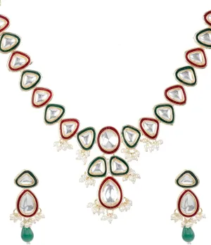 Bodha Gold Plated Traditional Indian Pure Copper Kundan, Pearls and CZ studded Adjustable Dori Necklace Earrings Set For Women