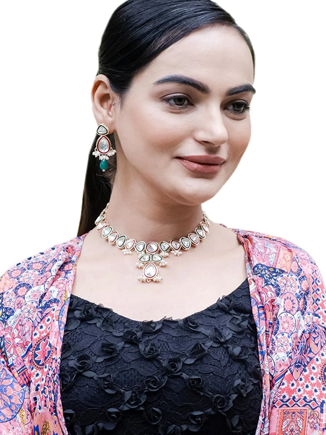 Bodha Gold Plated Traditional Indian Pure Copper Kundan, Pearls and CZ studded Adjustable Dori Necklace Earrings Set For Women