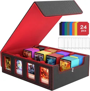 BORISI Trading Card Storage Box, 3000  MTG Deck Box with 24 Colorful Dividers & 8 Card Supporters, Commander Deck Box with Viewing Windows for Magic Game Cards, YugiOh (Black & Red)