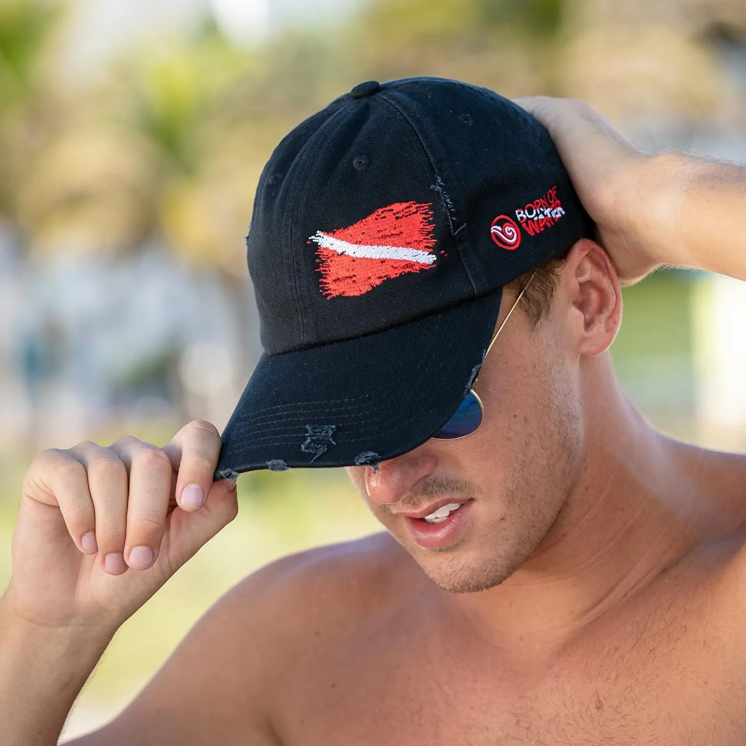 Born of Water Scuba Dive Flag Distressed Hat: Mens Low Profile Hat