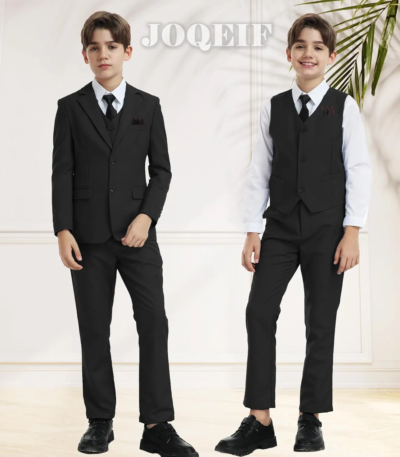 Boys Formal Suit Set with Dress Shirt Tie and Pocket Square, Adjustable Waist