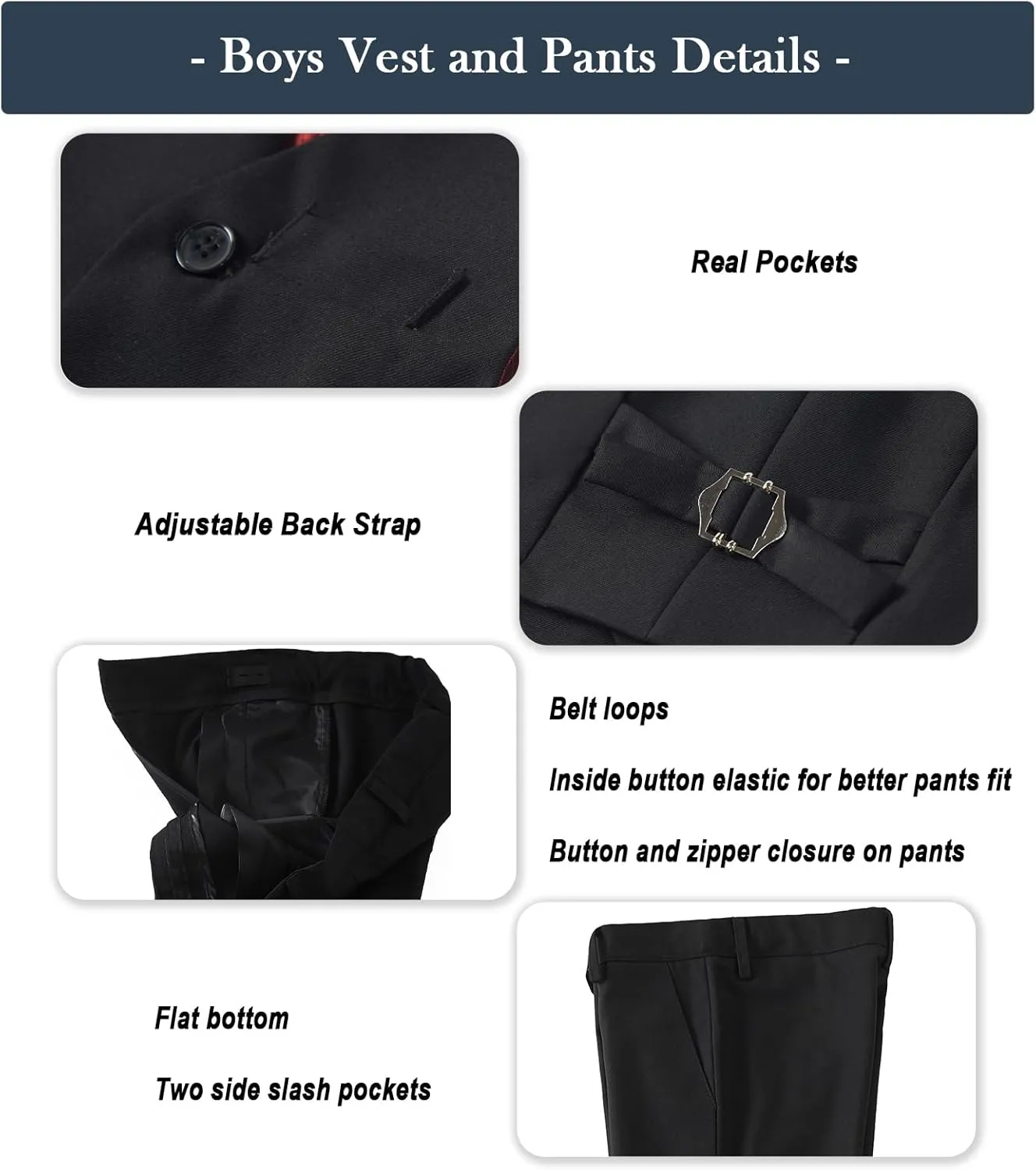 Boys Formal Suit Set with Dress Shirt Tie and Pocket Square, Adjustable Waist