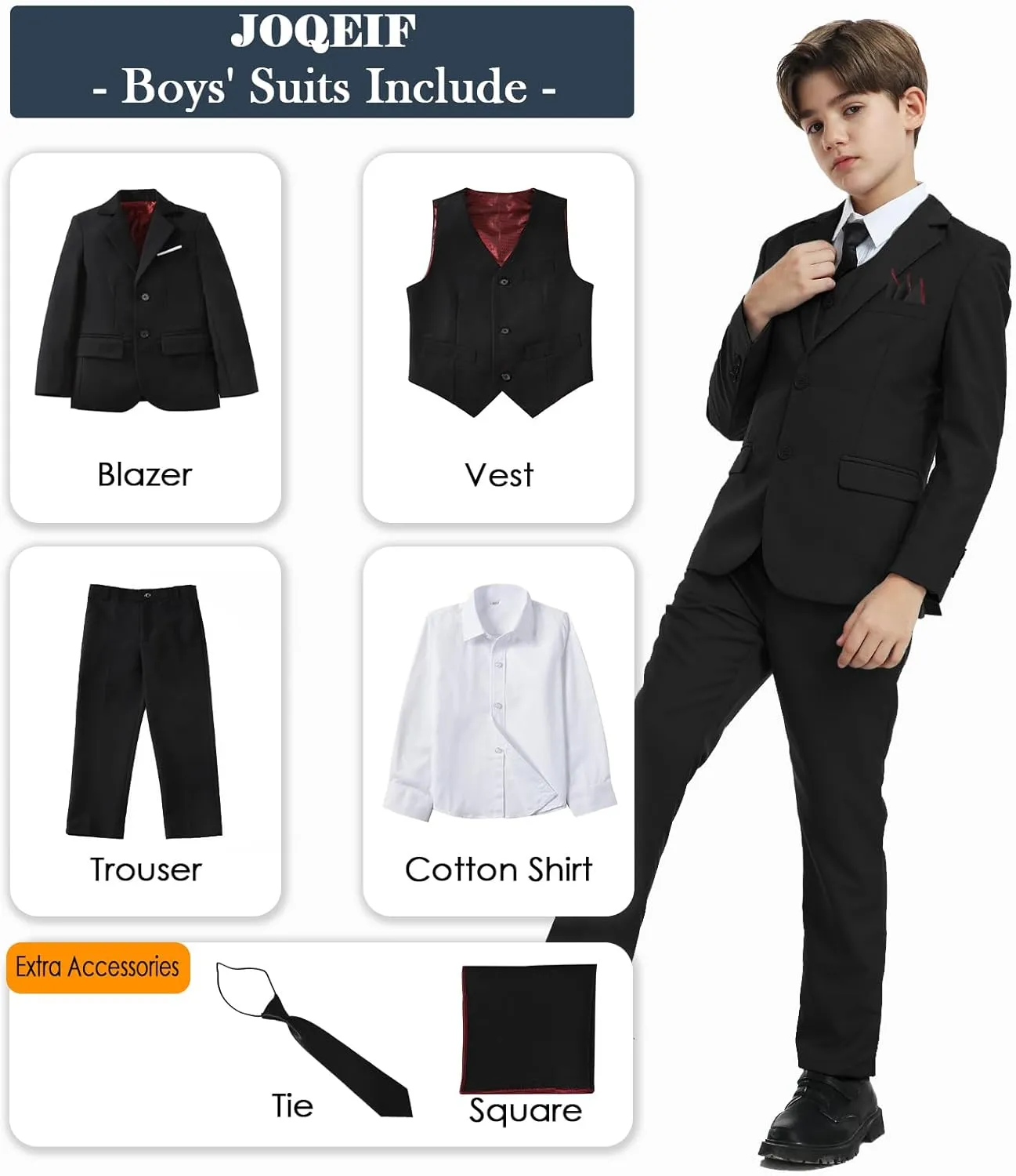 Boys Formal Suit Set with Dress Shirt Tie and Pocket Square, Adjustable Waist