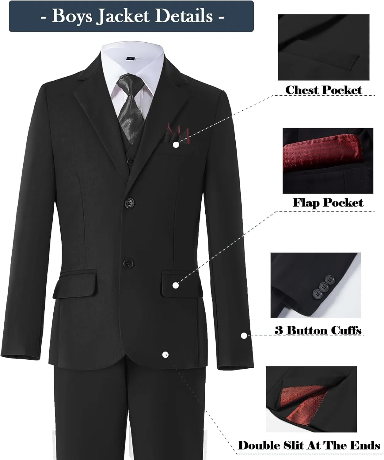 Boys Formal Suit Set with Dress Shirt Tie and Pocket Square, Adjustable Waist