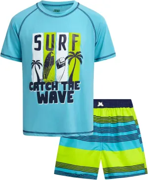Boys Rash Guard Swimsuit Set - Kids Short Sleeve Bathing Suit Swimwear Sets (Sizes: 5-12)