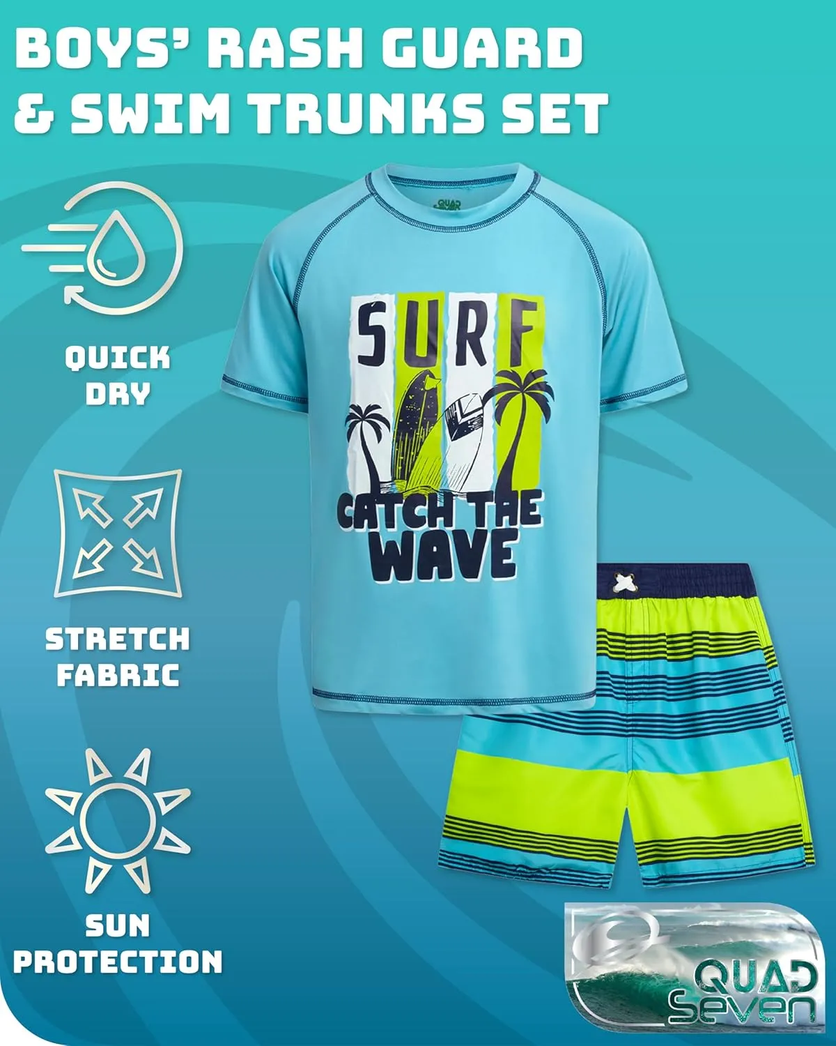 Boys Rash Guard Swimsuit Set - Kids Short Sleeve Bathing Suit Swimwear Sets (Sizes: 5-12)