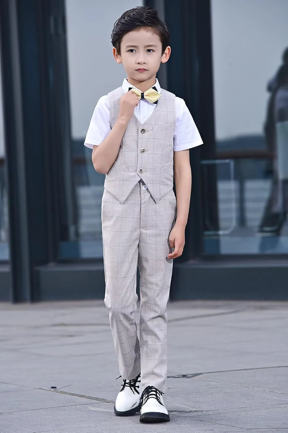 Boys Suit Plaid Stripes Suits for Boys 4 Piece Formal Wedding Outfit Slim Fit Suit Vest Pants Shirt Set with Bow Tie