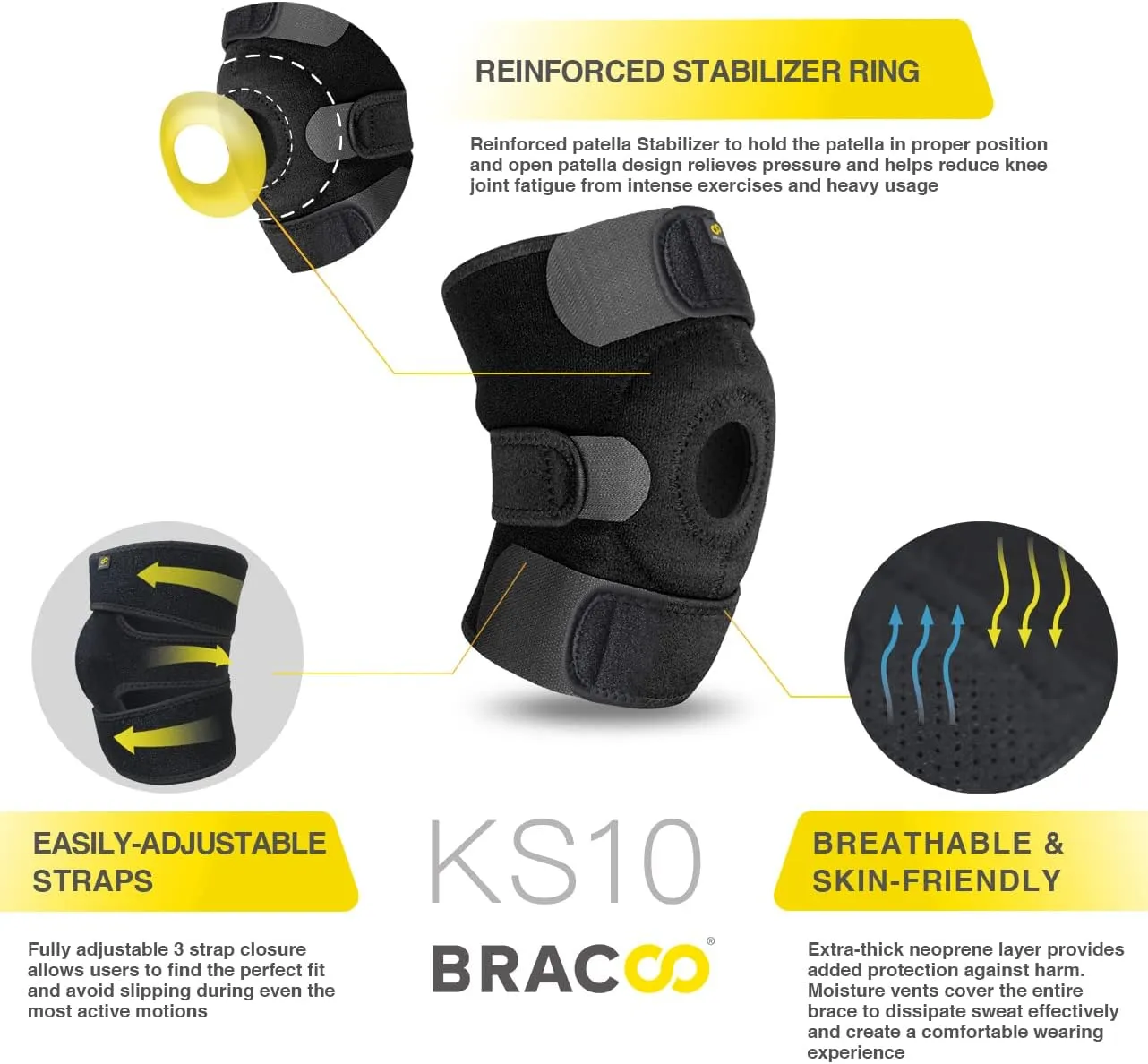 Bracoo Knee Support Brace for Men Women, Adjustable Compression Sleeve Wrap Patellar Pad Tendon - Arthritis Pain, meniscus tear, Injury Recovery, Running, Workout, KS10