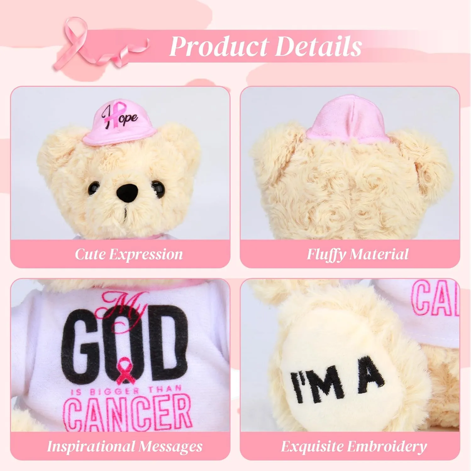 Breast Cancer Survivor Teddy Bear Stuffed Animal – Breast Cancer Gifts for Women, 8" Breast Cancer Awareness Stuffed Bear Plush Toy with Pink Ribbon Hat, Breast Cancer Comfort Gifts | I'm a Survivor