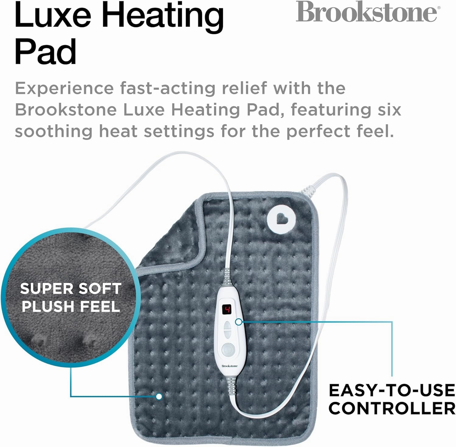 Brookstone Luxe Portable Heating Pad - Super Soft Plush, 6 Heat Settings, Machine Washable, Easy-to-Use Controller, 16'' x 12'' for Pain Relief, Period Cramps, Warmth (Charcoal)