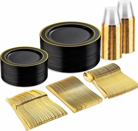bUCLA 150 Pieces Black and Gold Disposable Dinnerware Set - 25 Guests Black Gold Plastic Plates Include 25 Dinner & 25 Dessert Plates, 25 Spoons, 25 Forks, 25 Knives, 25 Cups for Party