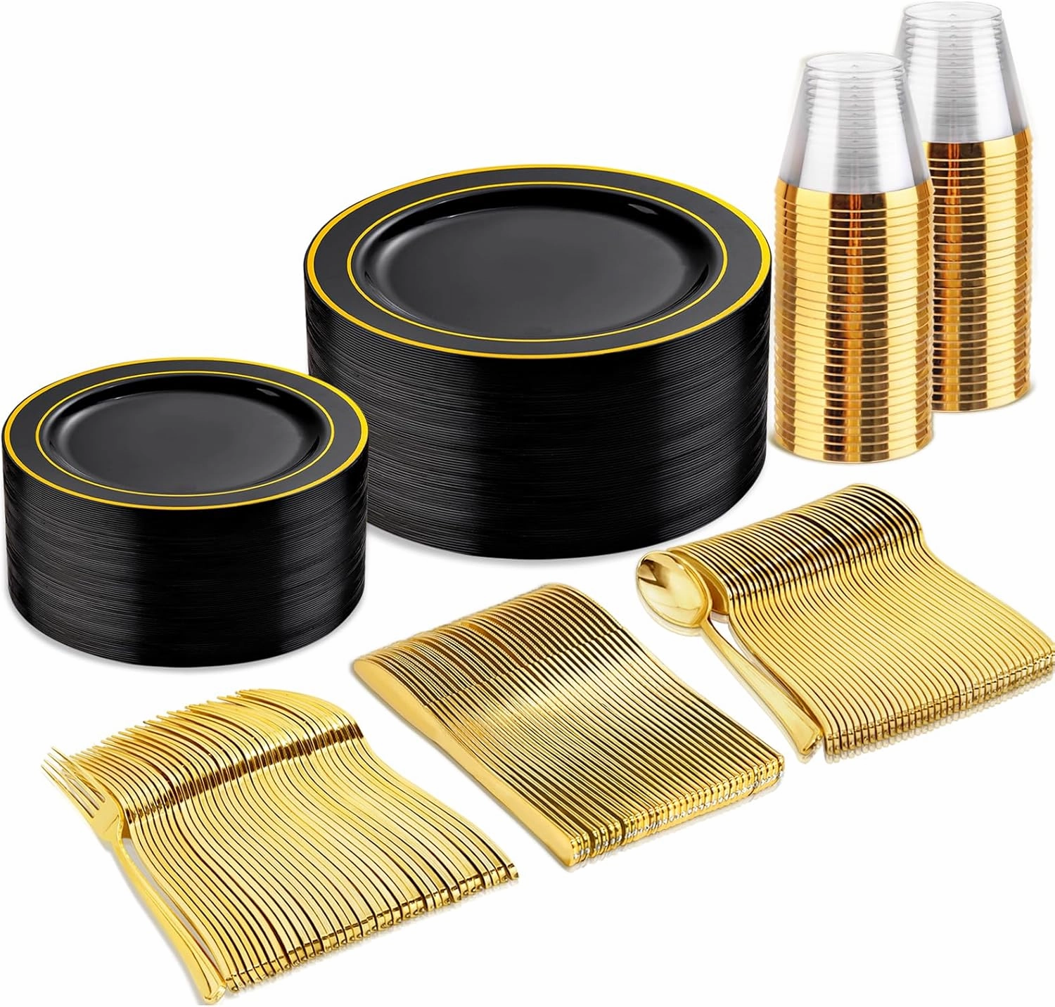 bUCLA 150 Pieces Black and Gold Disposable Dinnerware Set - 25 Guests Black Gold Plastic Plates Include 25 Dinner & 25 Dessert Plates, 25 Spoons, 25 Forks, 25 Knives, 25 Cups for Party