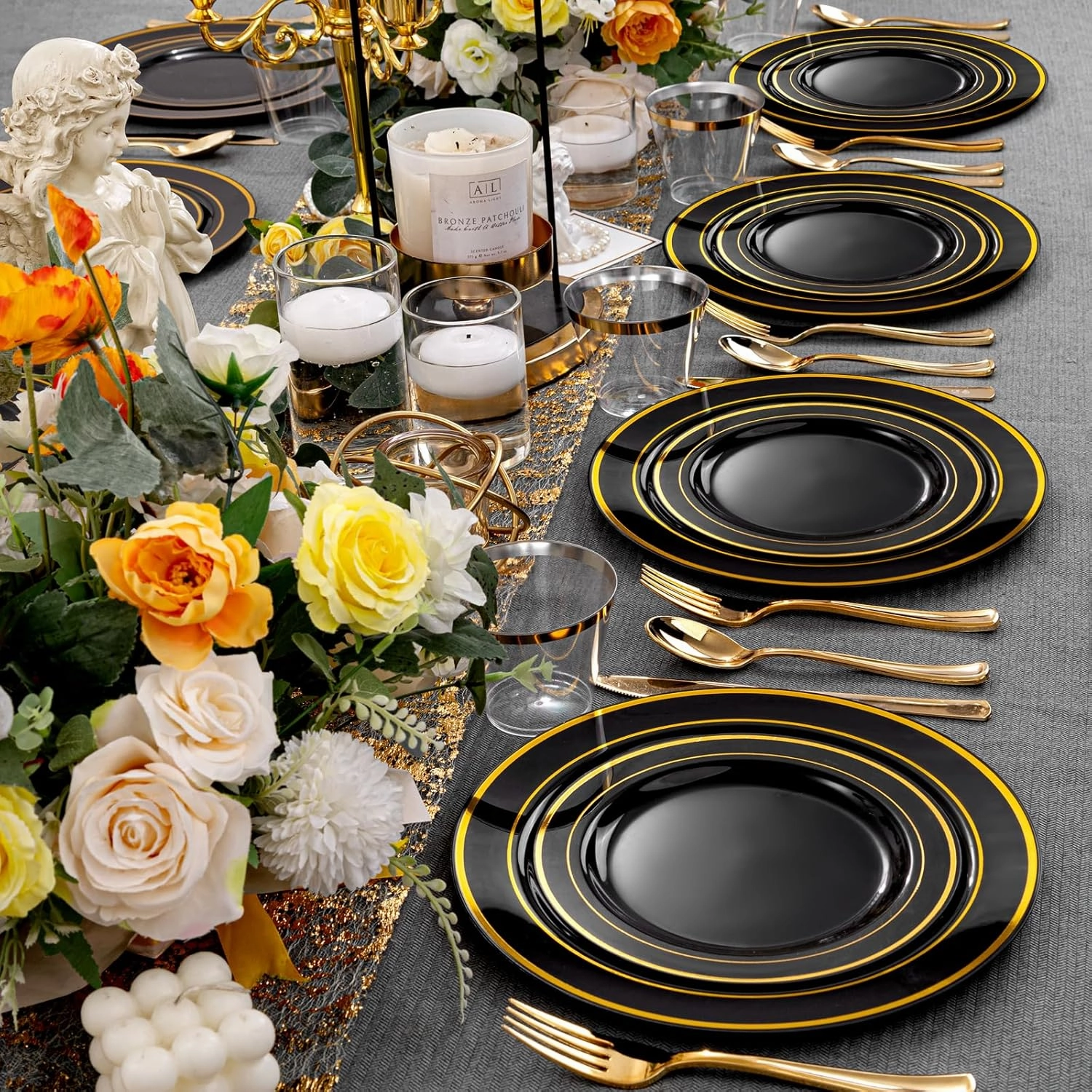 bUCLA 150 Pieces Black and Gold Disposable Dinnerware Set - 25 Guests Black Gold Plastic Plates Include 25 Dinner & 25 Dessert Plates, 25 Spoons, 25 Forks, 25 Knives, 25 Cups for Party