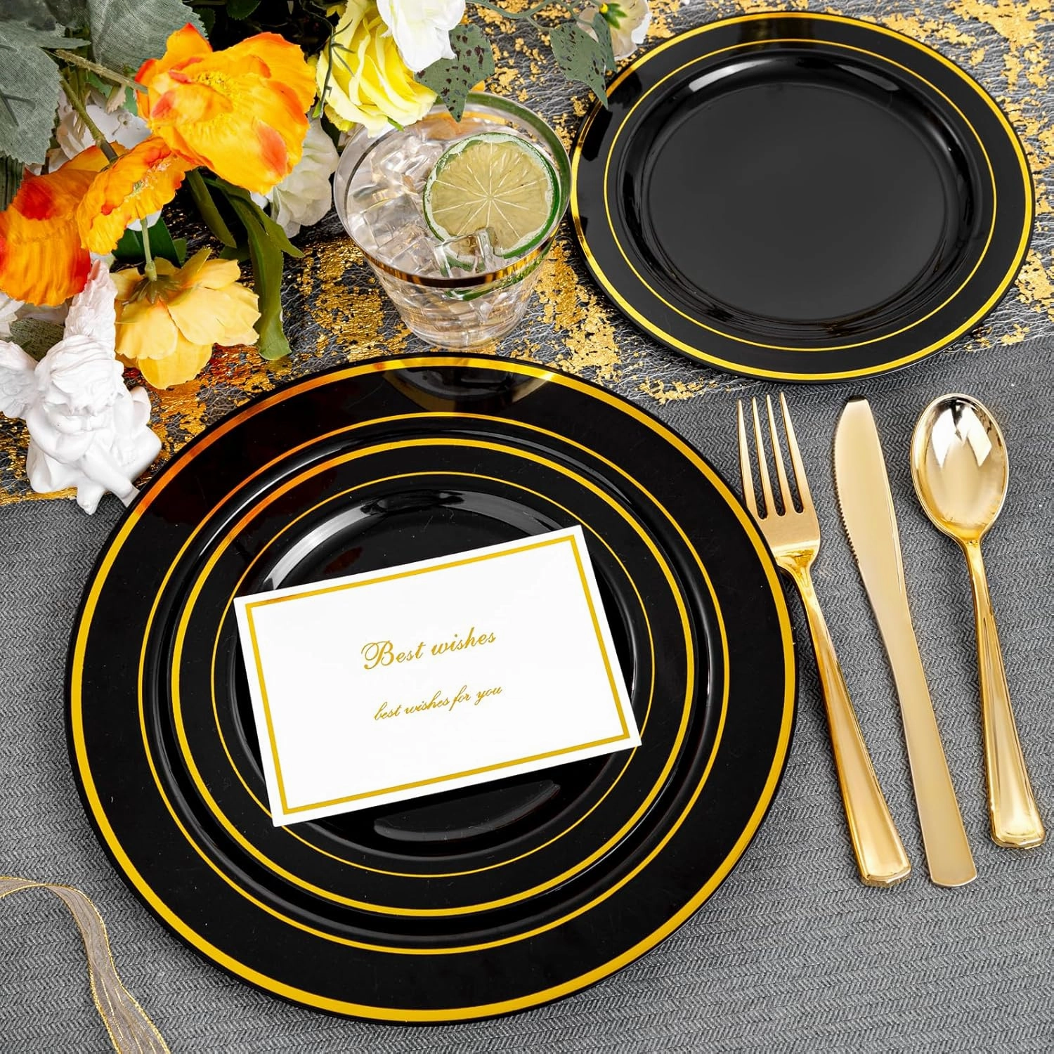 bUCLA 150 Pieces Black and Gold Disposable Dinnerware Set - 25 Guests Black Gold Plastic Plates Include 25 Dinner & 25 Dessert Plates, 25 Spoons, 25 Forks, 25 Knives, 25 Cups for Party