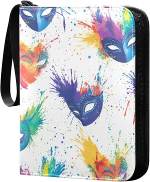 Burbuja Carnival Masks and Colorful Splashes Card Binder, 4 Pockets Trading Card Binder, Portable Card Albums Fits 400 Cards with 50 Removable Sleeves for Sport Cards Game Cards