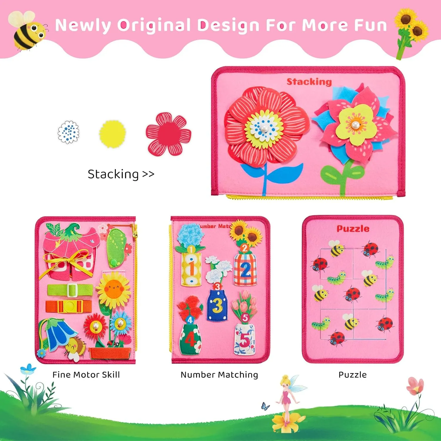 Busy Board Montessori Toys for 3 4 Year Old Girls Birthday Gifts, Educational Activity Sensory Board Preschool Learning Toys for Toddlers, Travel Toys for Airplane Car (Flower Fairy)