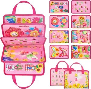 Busy Board Montessori Toys for 3 4 Year Old Girls Birthday Gifts, Educational Activity Sensory Board Preschool Learning Toys for Toddlers, Travel Toys for Airplane Car (Flower Fairy)