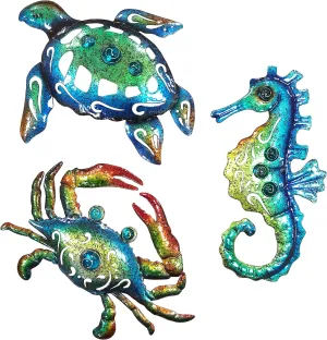 BVLFOOK Metal Sea Turtle Seahorse Crab Beach Themed Bathroom Wall Art Decor, Ocean Themed Wall Decorations for Home Bathroom,10 Inch, Set of 3