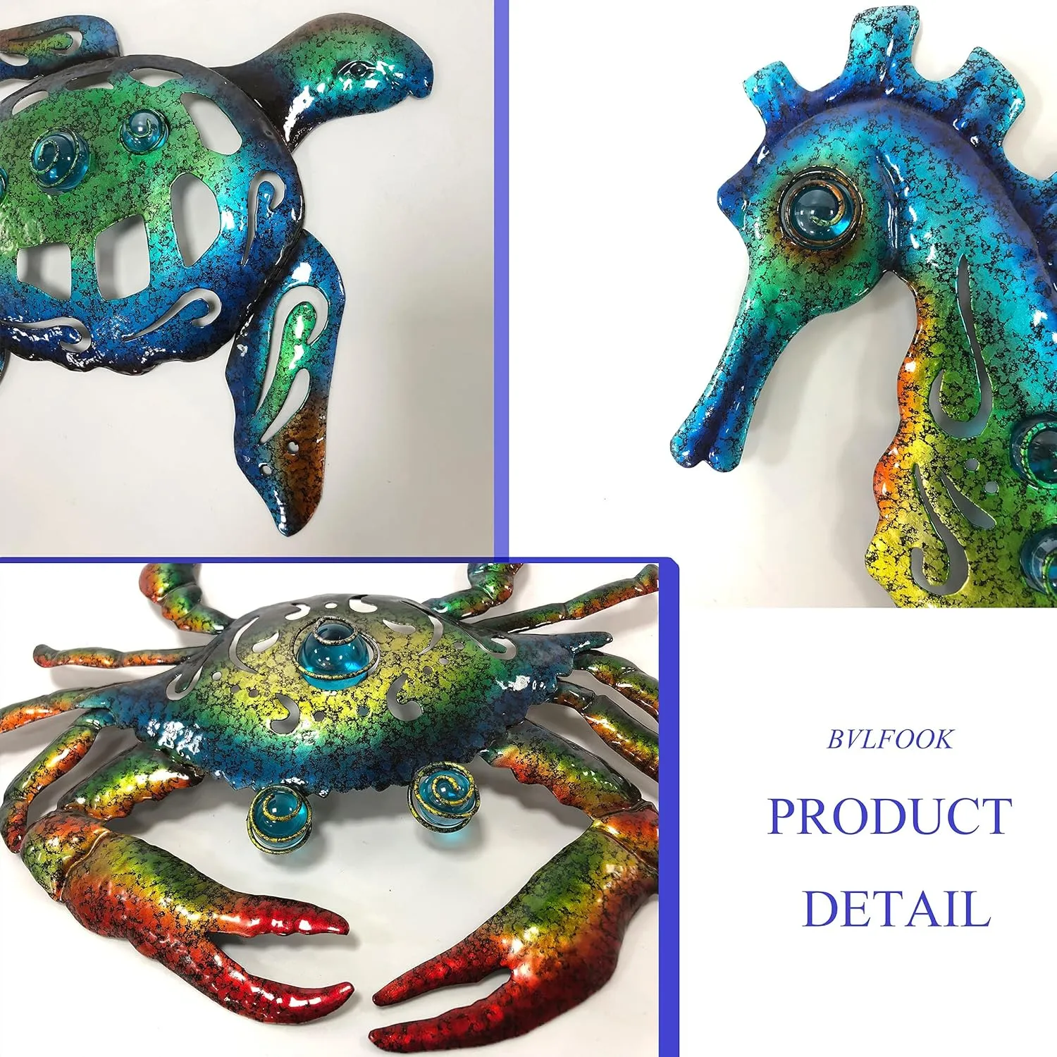 BVLFOOK Metal Sea Turtle Seahorse Crab Beach Themed Bathroom Wall Art Decor, Ocean Themed Wall Decorations for Home Bathroom,10 Inch, Set of 3