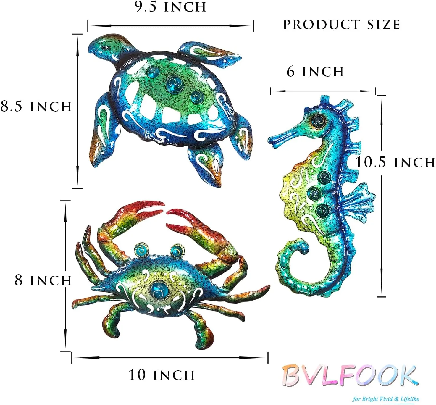 BVLFOOK Metal Sea Turtle Seahorse Crab Beach Themed Bathroom Wall Art Decor, Ocean Themed Wall Decorations for Home Bathroom,10 Inch, Set of 3
