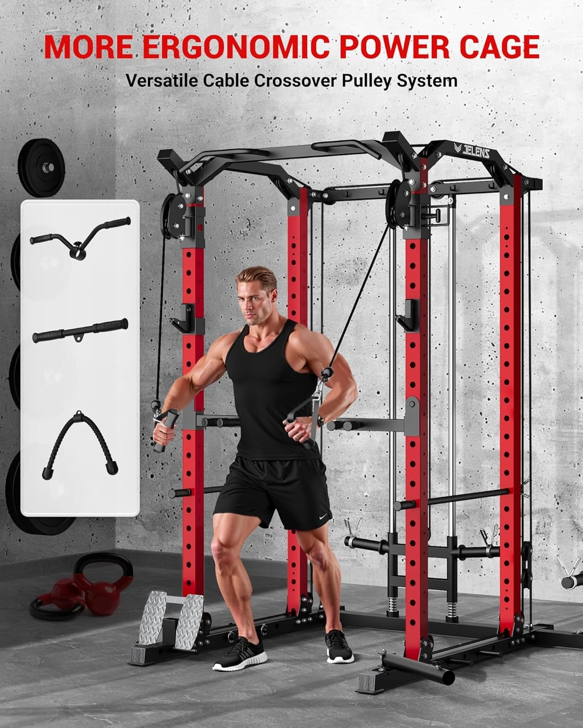 C11 Multi-Function Power Rack, 2000 lbs Power Cage with Adjustable Cable Crossover System and More Training Attachment, All-in-One Squat Rack with Dual Pulley System, Weight Cage for Home