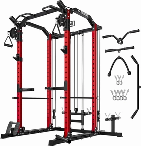 C11 Multi-Function Power Rack, 2000 lbs Power Cage with Adjustable Cable Crossover System and More Training Attachment, All-in-One Squat Rack with Dual Pulley System, Weight Cage for Home