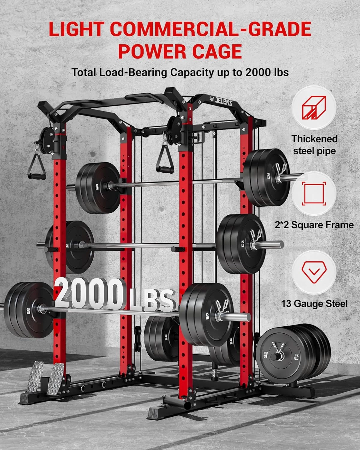 C11 Multi-Function Power Rack, 2000 lbs Power Cage with Adjustable Cable Crossover System and More Training Attachment, All-in-One Squat Rack with Dual Pulley System, Weight Cage for Home