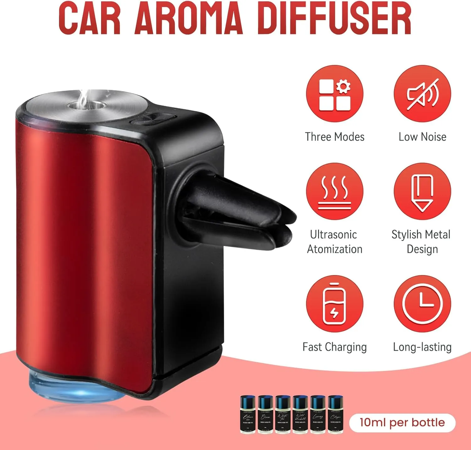 Car Air Freshener, Three Adjustable Modes Intelligent Aroma Diffuser, Rechargeable Car Diffuser Air Freshener, Red