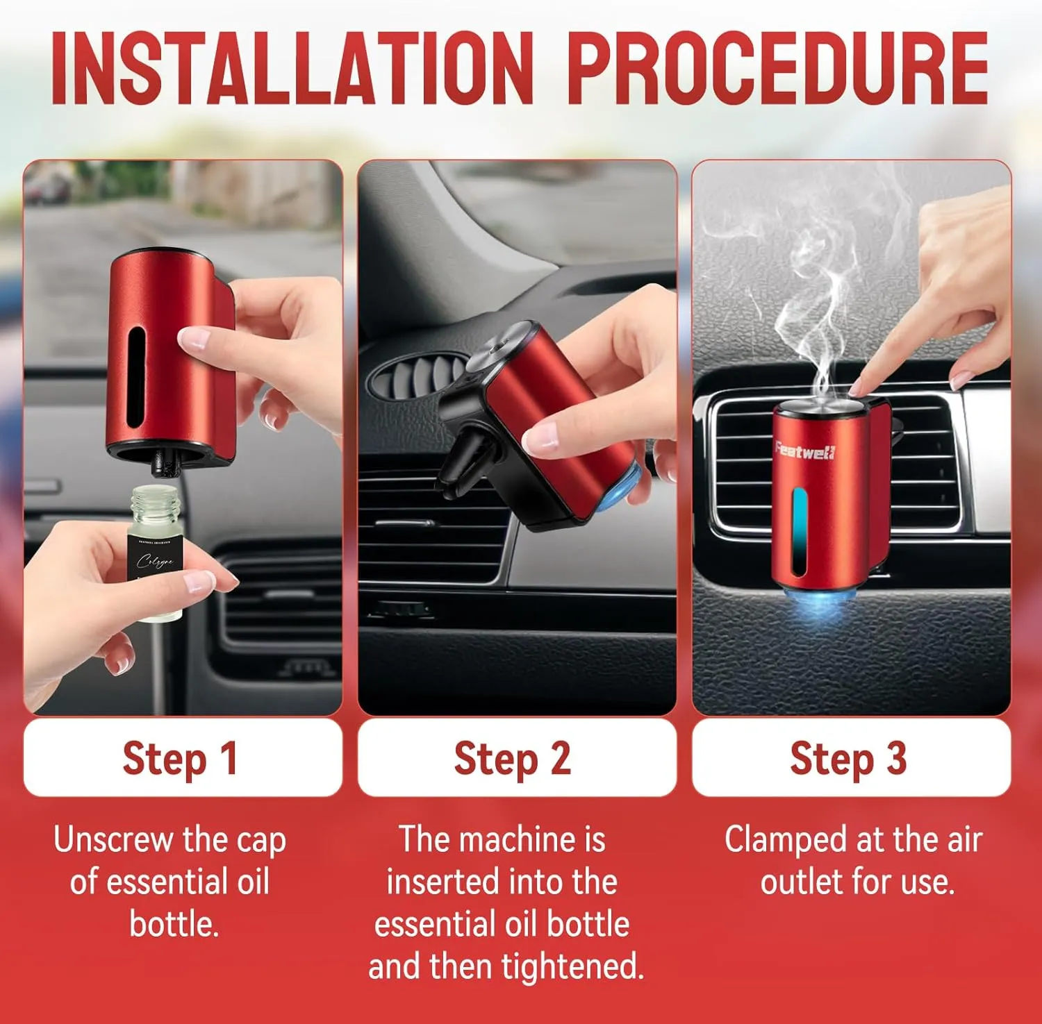 Car Air Freshener, Three Adjustable Modes Intelligent Aroma Diffuser, Rechargeable Car Diffuser Air Freshener, Red