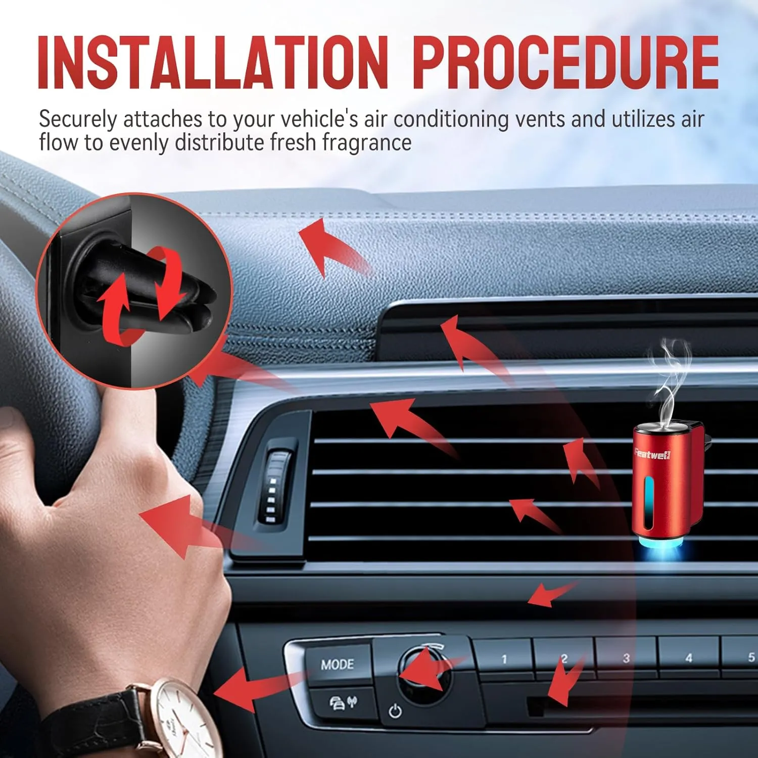 Car Air Freshener, Three Adjustable Modes Intelligent Aroma Diffuser, Rechargeable Car Diffuser Air Freshener, Red