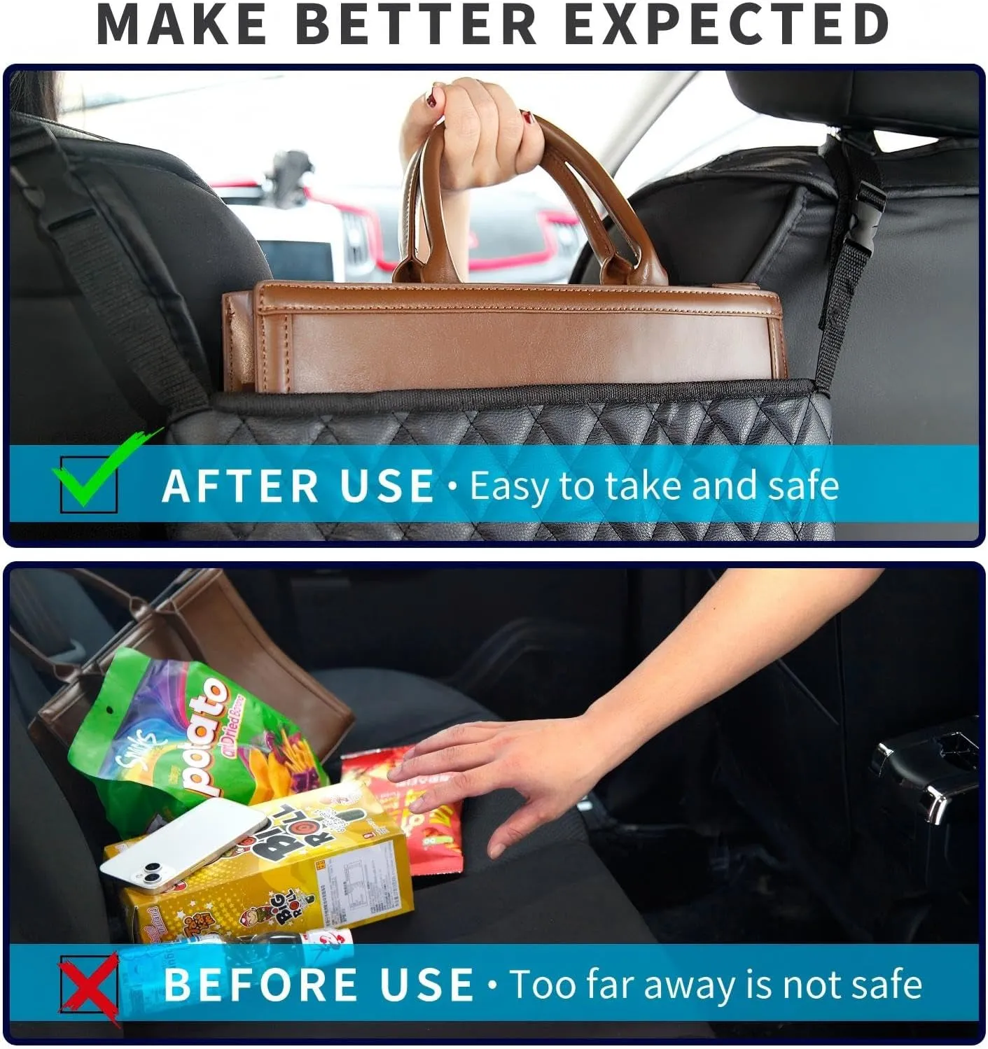Car Handbag Holder Between Seat Durable Leather Seat Back Organizer Pet & Kids Driver Storage Netting Pouch Driver Storage Netting Pouch (Upgraded Black B)
