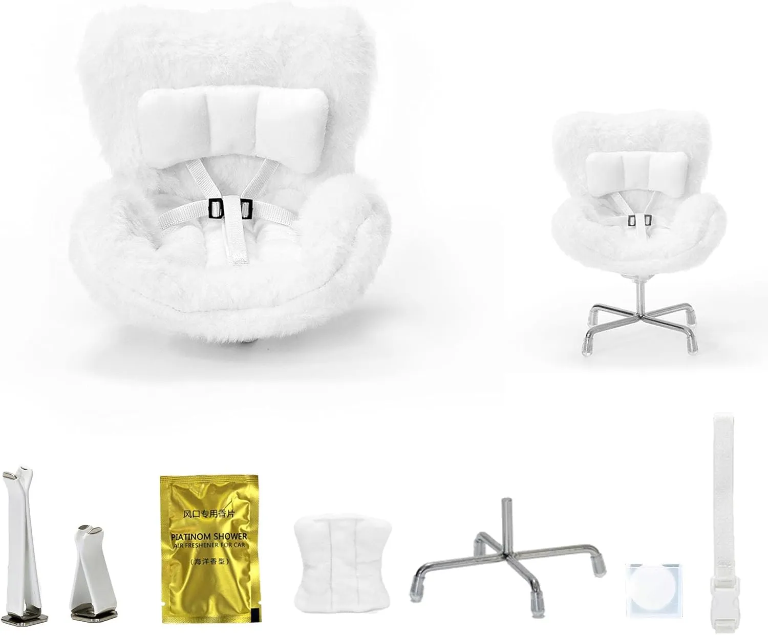 Car Seat for Dolls (10-17cm), Cute Doll Accessory with Soft Furry Cushion, Air Vent Clip & Desktop Stand, Display Sofa for Blind Box Fans & Collectors, Functional Car Ornament (White)