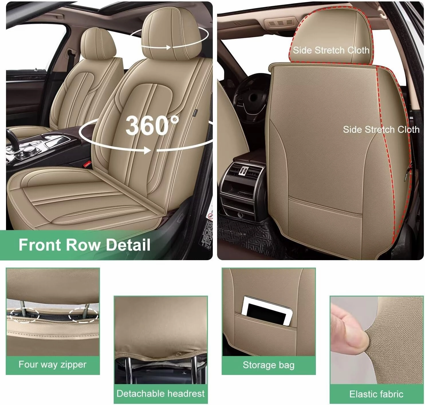 Car Seat Covers Full Set Fit for Ford Edge 2007-2024 2025: Waterproof Faux Leather Seat Cover Automotive Seat Cushion Protectors Compatible Airbag (5 Seats, Beige)