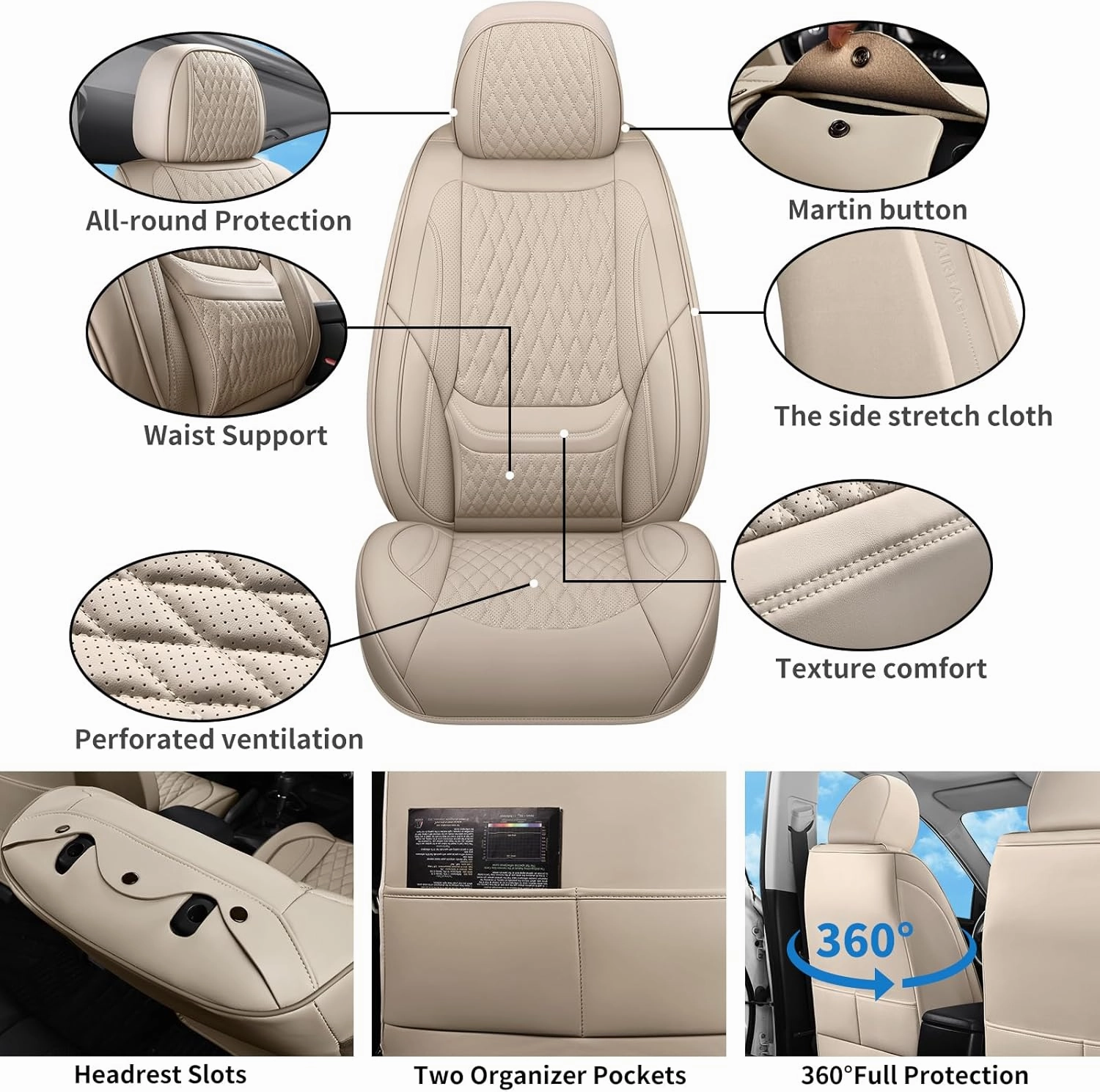 Car Seat Covers, Leather Car Seat Covers, Automotive Seat Covers 2 Front Seats, Fit for Most Cars SUV and Most Sedans Hatchbacks Crossovers, Super Breathable Waterproof Full Wrapping Edge Seat Covers