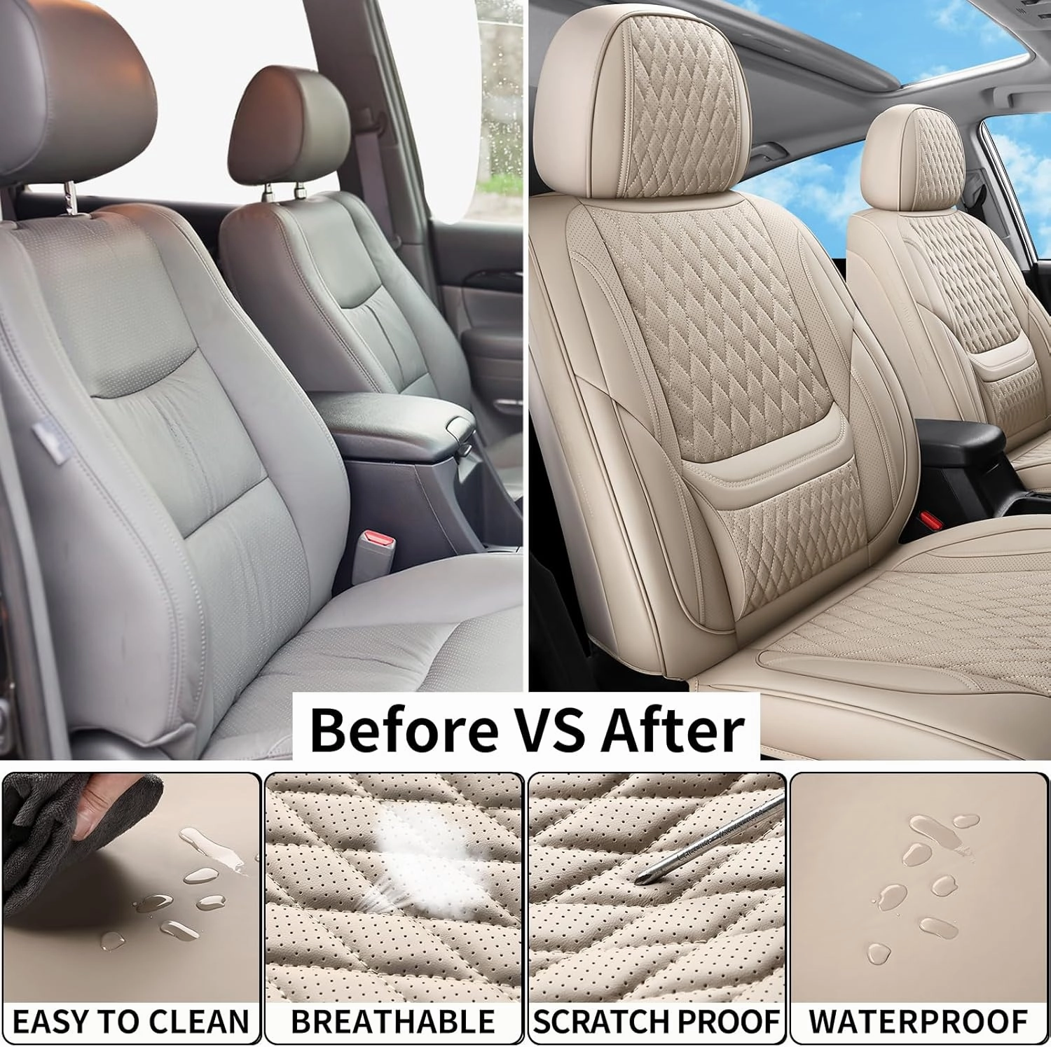 Car Seat Covers, Leather Car Seat Covers, Automotive Seat Covers 2 Front Seats, Fit for Most Cars SUV and Most Sedans Hatchbacks Crossovers, Super Breathable Waterproof Full Wrapping Edge Seat Covers