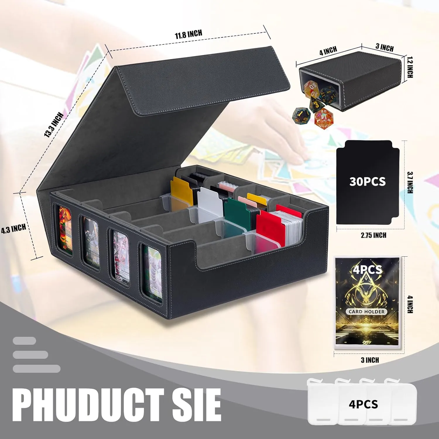 Card Storage Box 3200  MTG Commander Deck Box TCG Deck Case with Display Windows Dice Tray,Card Organizer 30 Colorful Dividers& 4 Supporters& 4 Toploaders