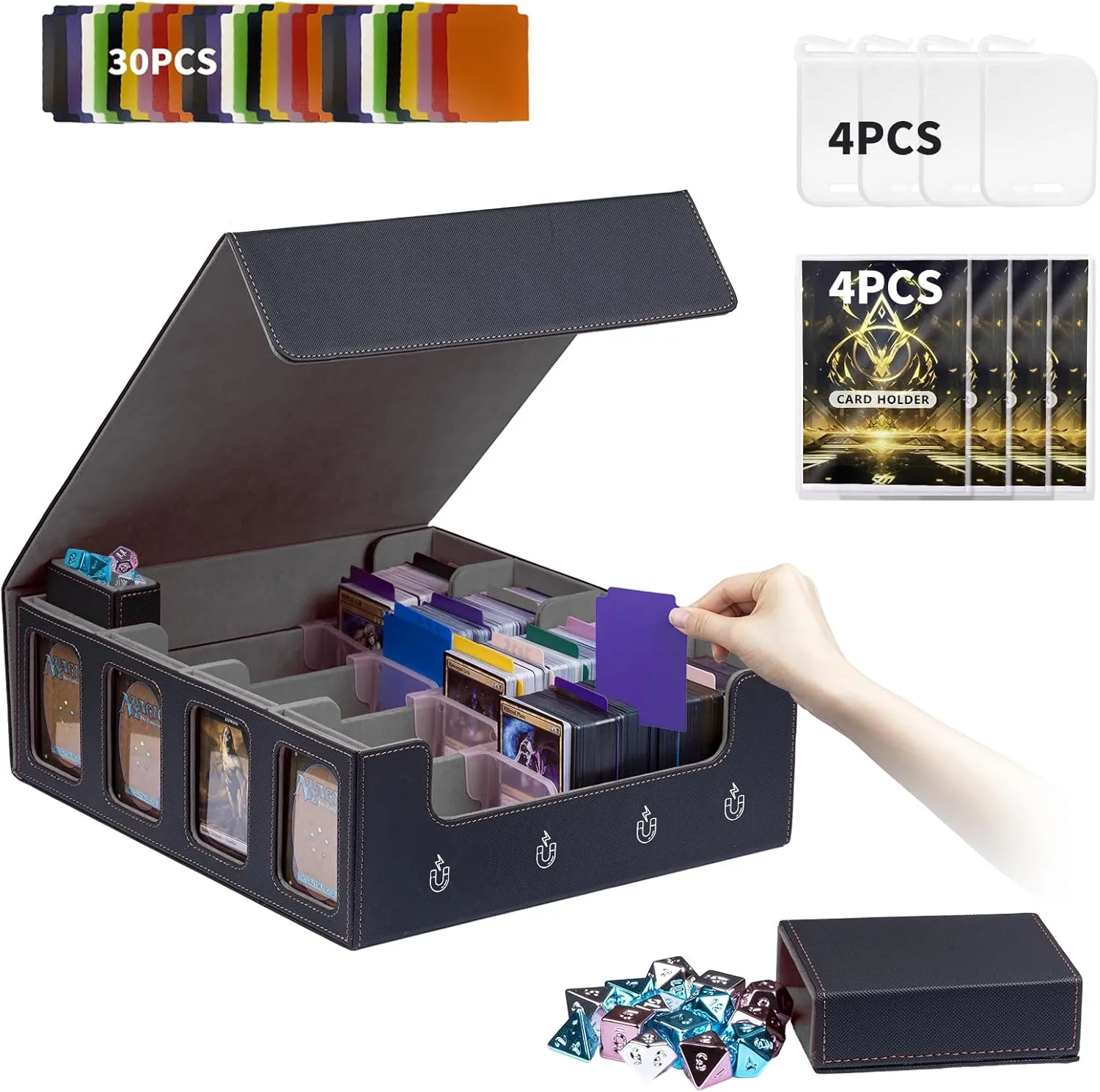 Card Storage Box 3200  MTG Commander Deck Box TCG Deck Case with Display Windows Dice Tray,Card Organizer 30 Colorful Dividers& 4 Supporters& 4 Toploaders