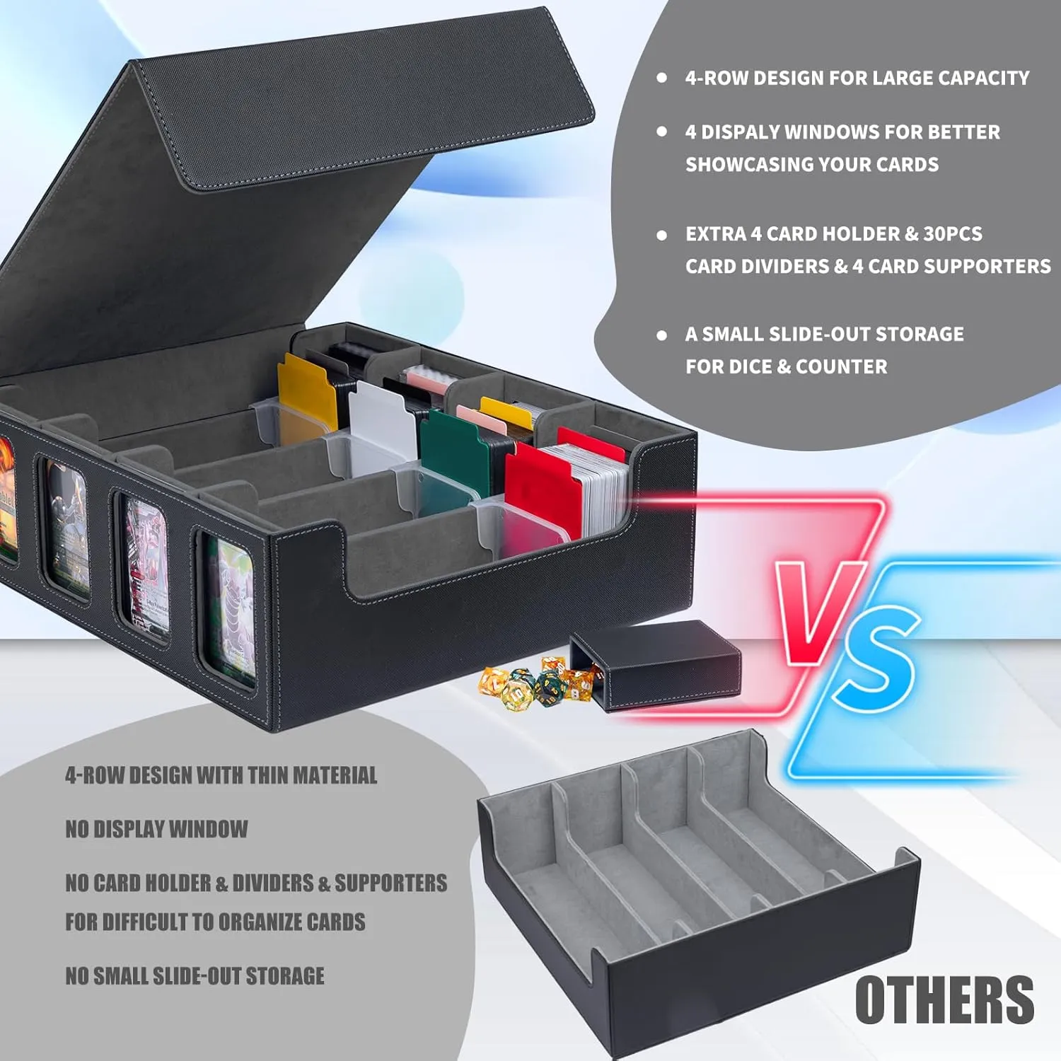 Card Storage Box 3200  MTG Commander Deck Box TCG Deck Case with Display Windows Dice Tray,Card Organizer 30 Colorful Dividers& 4 Supporters& 4 Toploaders