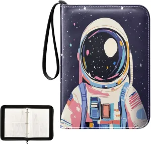 Cartoon Astronaut Colorful Space Card Binder 4 Pocket, Trading Card Holder Fits 400 Game Cards with 50 Removable Sleeves, MTG Card Case Standard Size