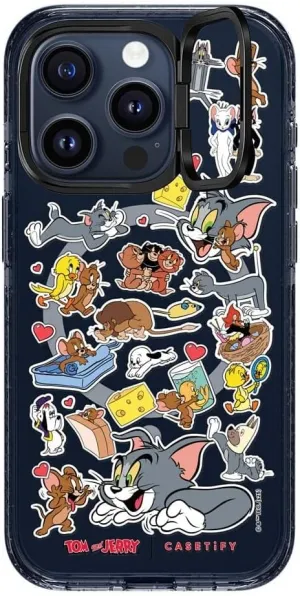 CASETiFY Impact Ring Stand Case for iPhone 15 Pro [Tom and Jerry Colab / 3X Military Grade Drop Tested / 6.6ft Drop Protection/Compatible with Magsafe] -Family Sticker - Blue