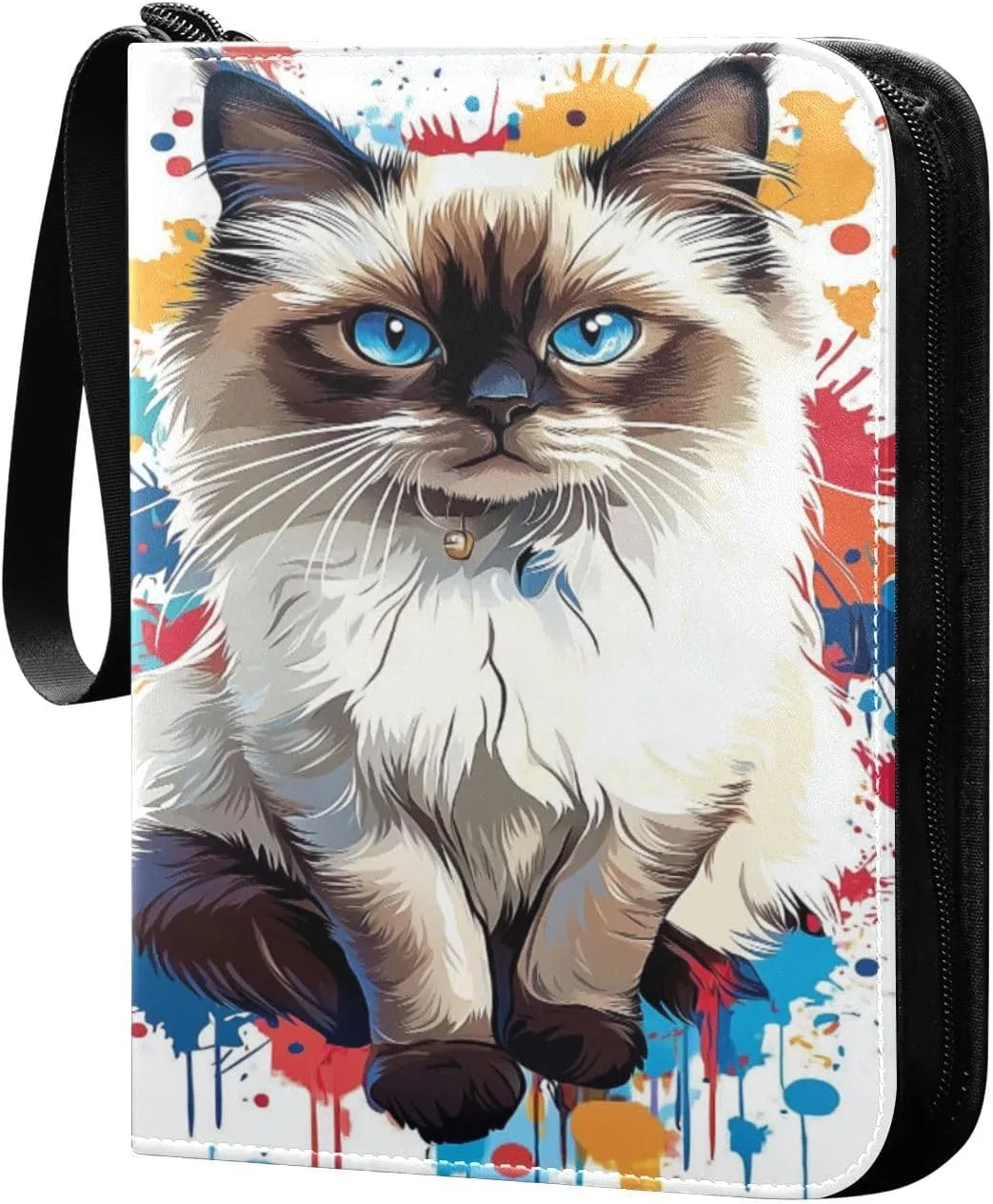 Cat Colorful Paint Splashes Cards Binder 4 Pocket Fits 400 Cards with 50 Removable Sleevesves, Trading Card Collector Zipper Album Holder Portable Card Games Display Storage Cases