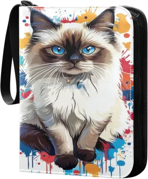 Cat Colorful Paint Splashes Cards Binder 4 Pocket Fits 400 Cards with 50 Removable Sleevesves, Trading Card Collector Zipper Album Holder Portable Card Games Display Storage Cases
