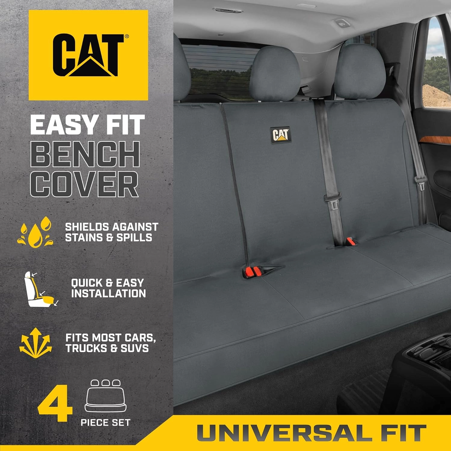 Cat Flexfit Gray Rear Seat Cover for Car - Durable Canvas Material Back Car Seat Covers 60/40 Split Bench Protector – Back Seat Cover for Truck & SUV Back Seat Protector Interior Car Accessories