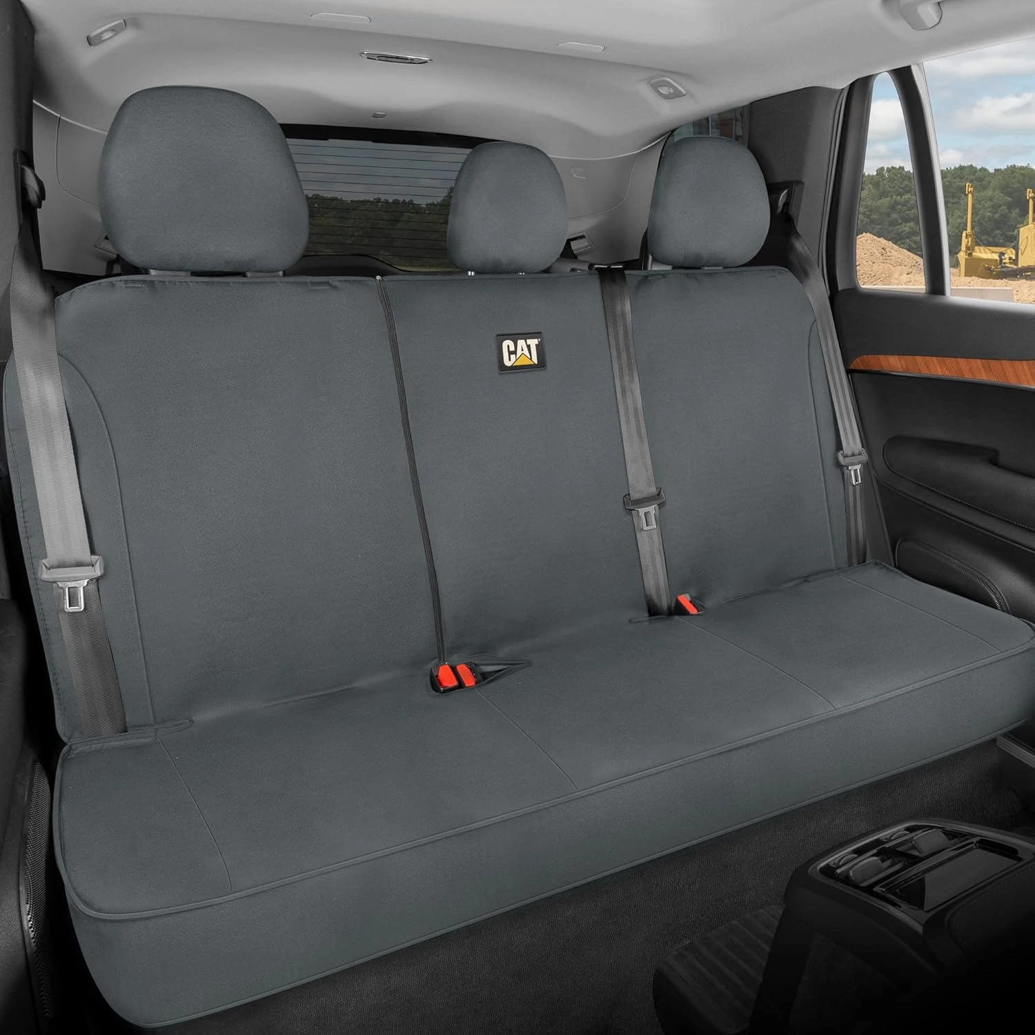 Cat Flexfit Gray Rear Seat Cover for Car - Durable Canvas Material Back Car Seat Covers 60/40 Split Bench Protector – Back Seat Cover for Truck & SUV Back Seat Protector Interior Car Accessories
