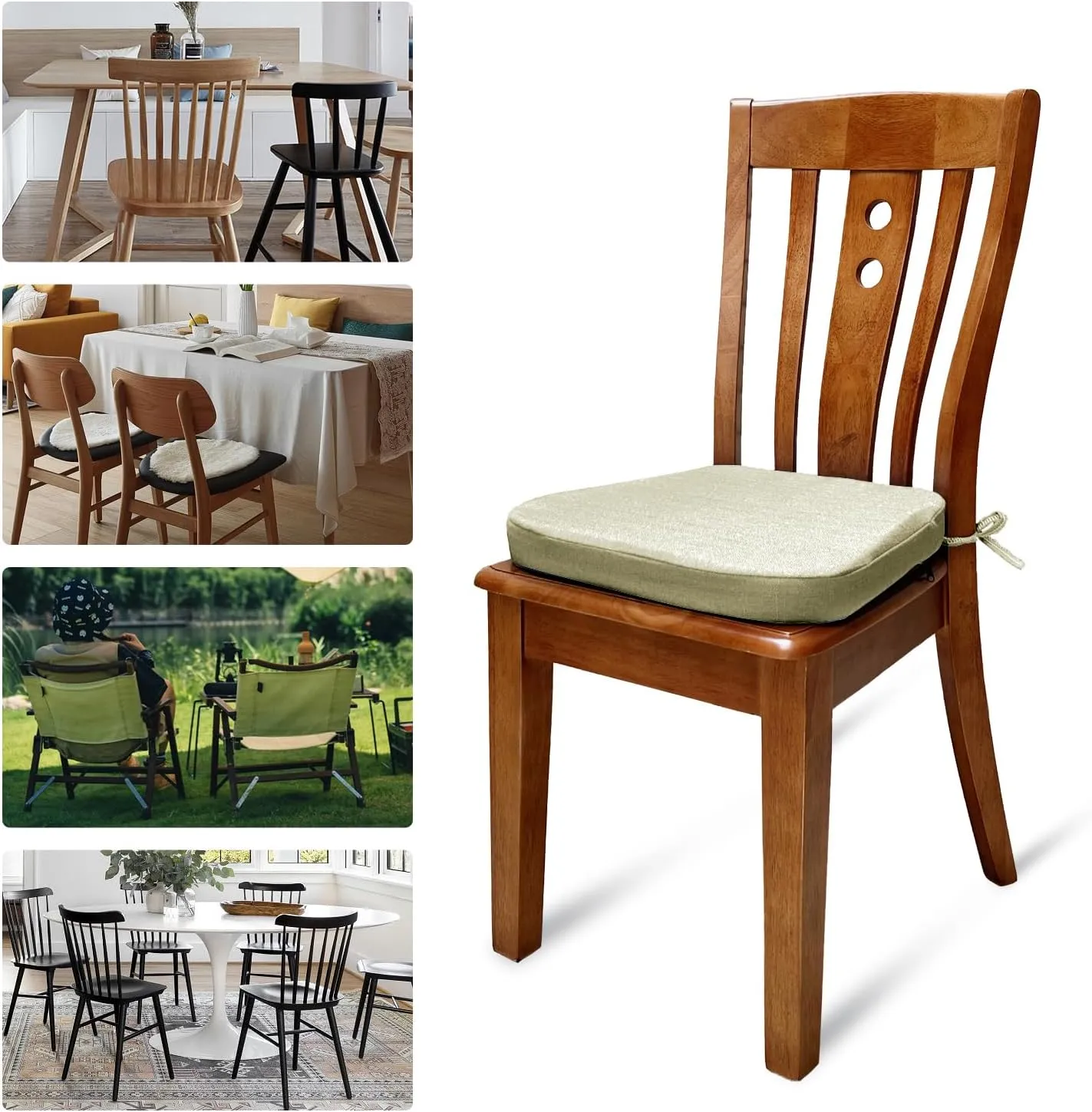 Chair Cushion with Ties for Dining Chairs Memory Foam Thick Kitchen Chair Pad 17" x 16.5" x 2"Set of 4,with Machine Washable Cover Seat with Zipper Indoor Chair for Room,Office etc-Beige