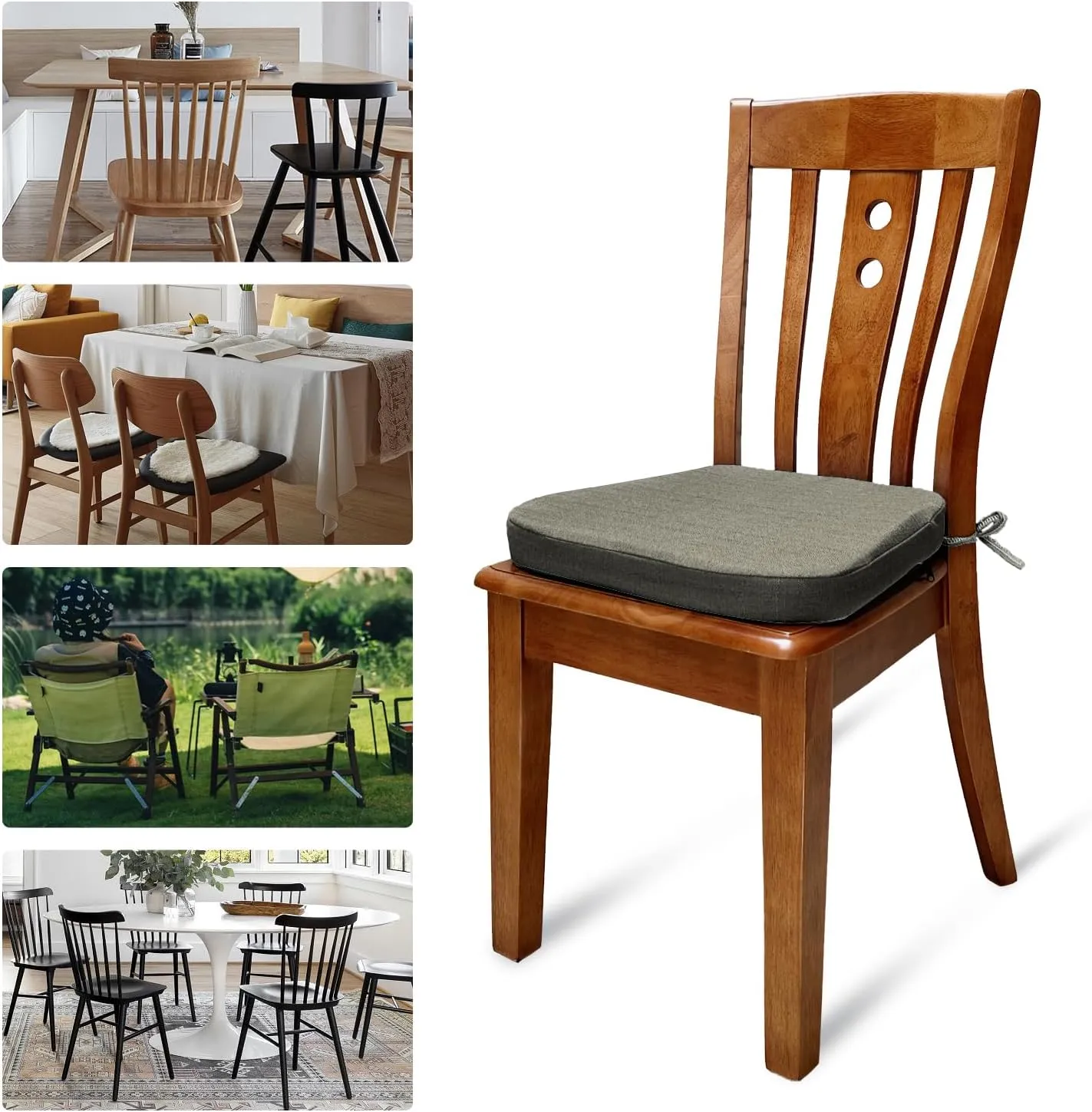Chair Cushion with Ties for Dining Chairs Memory Foam Thick Kitchen Chair Pad 17" x 16.5" x 2"Set of 4,with Machine Washable Cover Seat with Zipper Indoor Chair for Room,Office etc-Brown