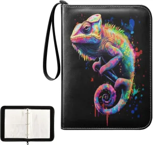 Chameleon Painting Colorful Card Binder 4 Pocket, Trading Card Holder Fits 400 Game Cards with 50 Removable Sleeves, MTG Card Case Standard Size