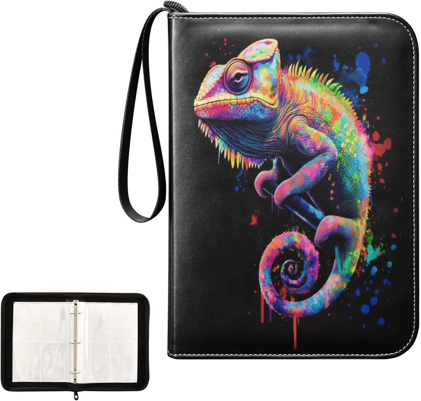 Chameleon Painting Colorful Card Binder 4 Pocket, Trading Card Holder Fits 400 Game Cards with 50 Removable Sleeves, MTG Card Case Standard Size